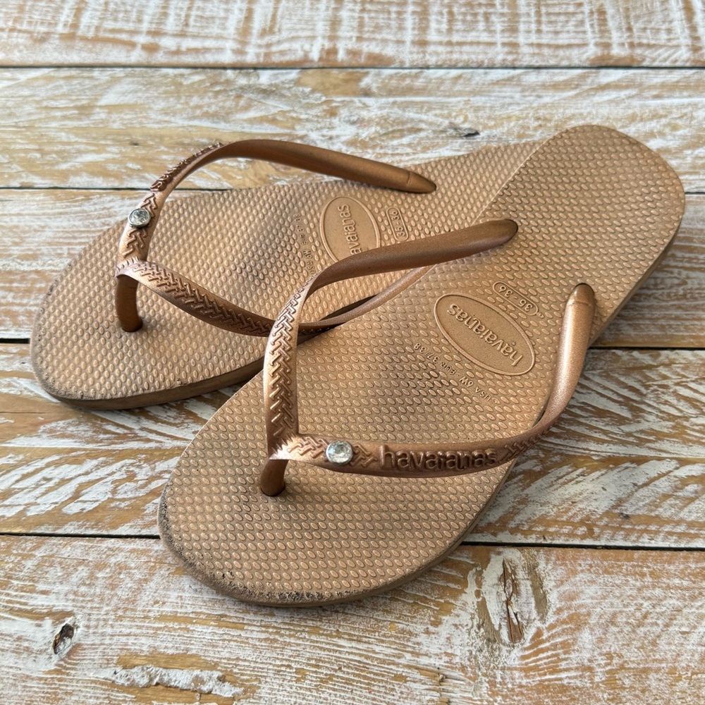 👡Havaianas Slim Crystal Swarovski Flip Flops Rose Gold👡 ~6W